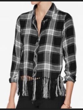 Rails Black & White Plaid Fringe Button-Down Shirt